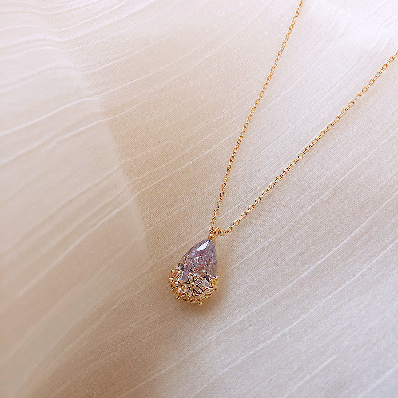 Floral Teardrop Crystal Pendant Necklace