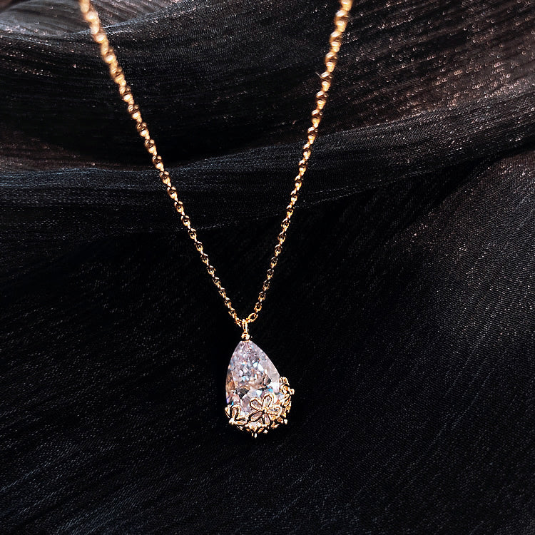 Floral Teardrop Crystal Pendant Necklace
