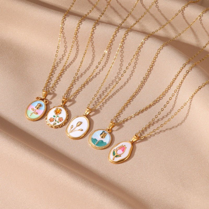 Dainty Enamel Oval Charm Necklace (Gold)