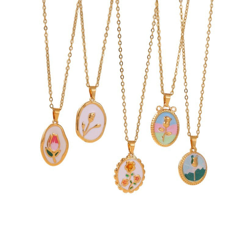 Dainty Enamel Oval Charm Necklace (Gold)
