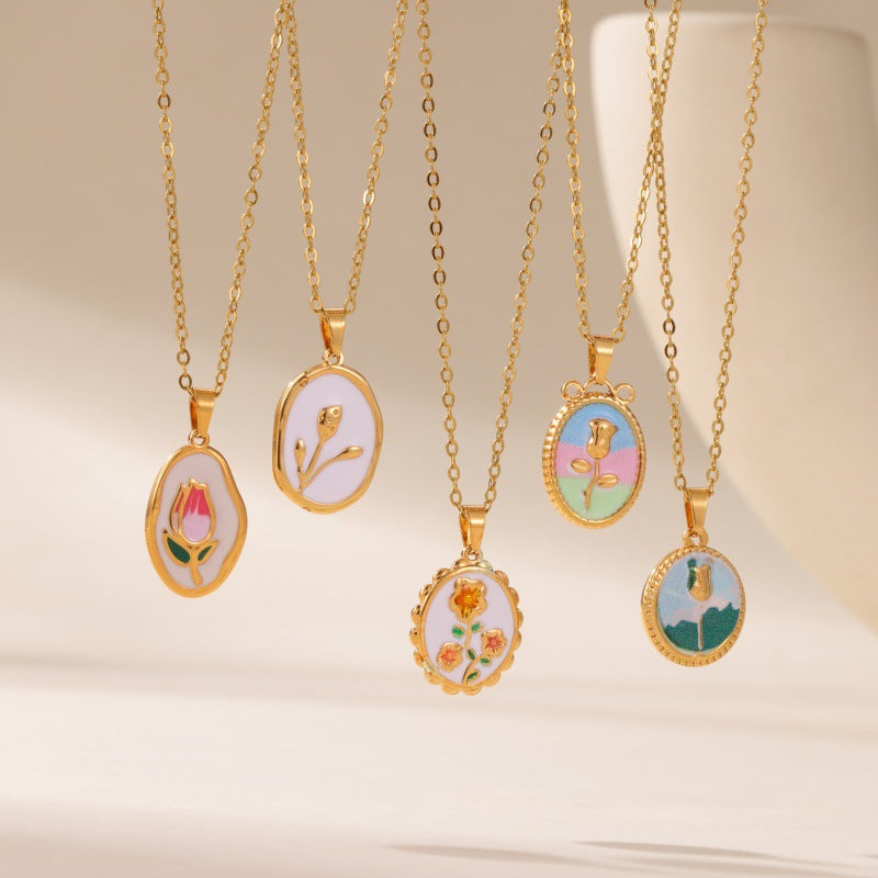 Dainty Enamel Oval Charm Necklace (Gold)