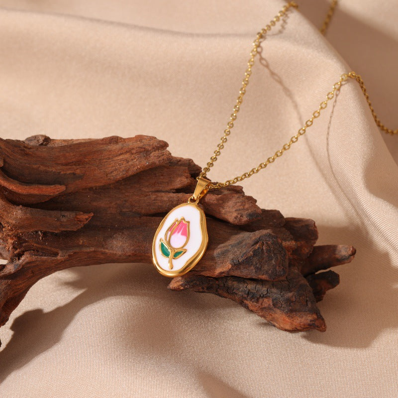 Dainty Enamel Oval Charm Necklace (Gold)