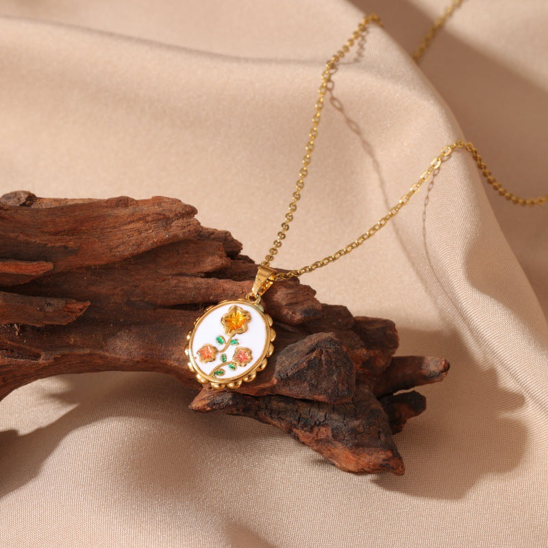 Dainty Enamel Oval Charm Necklace (Gold)