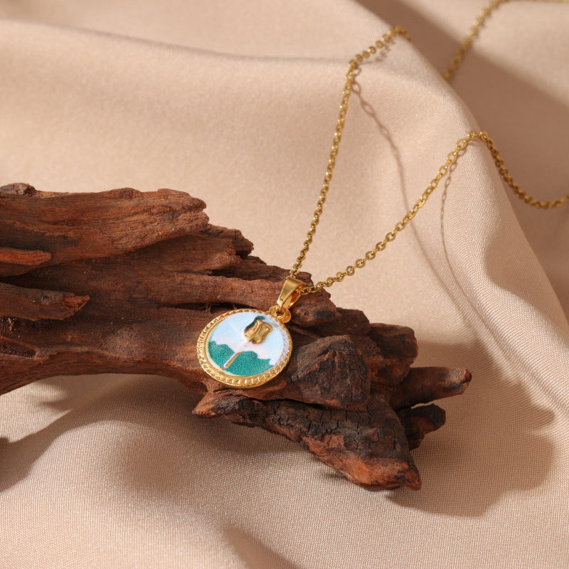 Dainty Enamel Oval Charm Necklace (Gold)