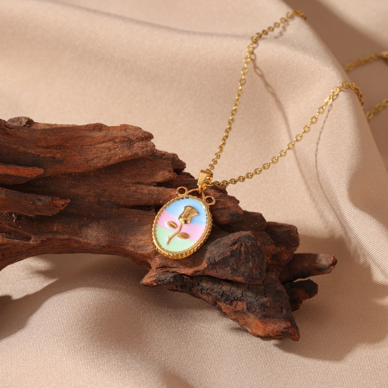 Dainty Enamel Oval Charm Necklace (Gold)